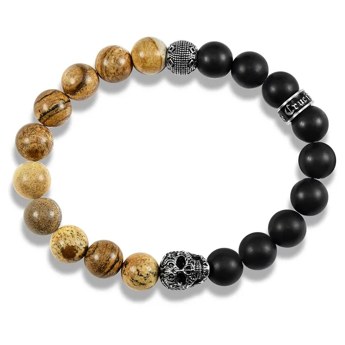 Invicta Jewelry Bracelets Crucible Skull Stretch Bracelet with 10mm Matte Black Onyx and Picture Jasper Beads