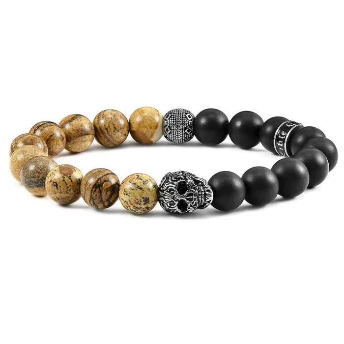 Invicta Jewelry Bracelets Crucible Skull Stretch Bracelet with 10mm Matte Black Onyx and Picture Jasper Beads