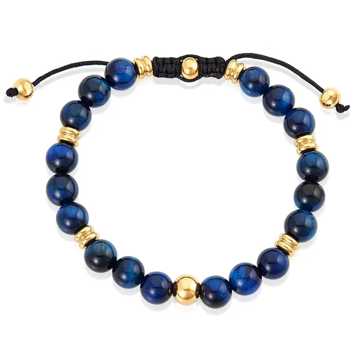 Invicta Jewelry Bracelets Invicta Blue Tiger Eye and Gold IP Beads on Adjustable Bracelet