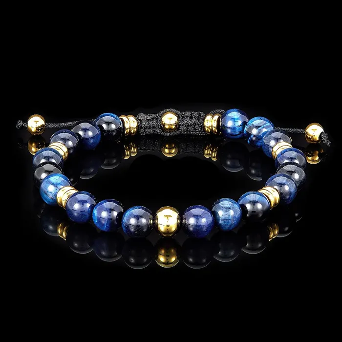 Invicta Jewelry Bracelets Invicta Blue Tiger Eye and Gold IP Beads on Adjustable Bracelet