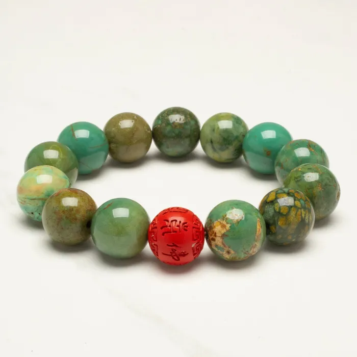 KALIFANO Bracelets Mongolian Turquoise 14mm Tibet Bead Gemstone Elastic Bracelet KALIFANO Bracelets Mongolian Turquoise 14mm Tibet Bead Gemstone Elastic Bracelet