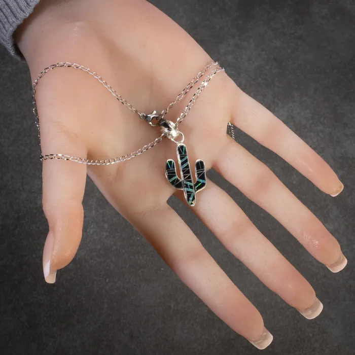 Kalifano Necklaces Black Onyx Cactus 925 Sterling Silver Pendant USA Handmade with Opal Accent
