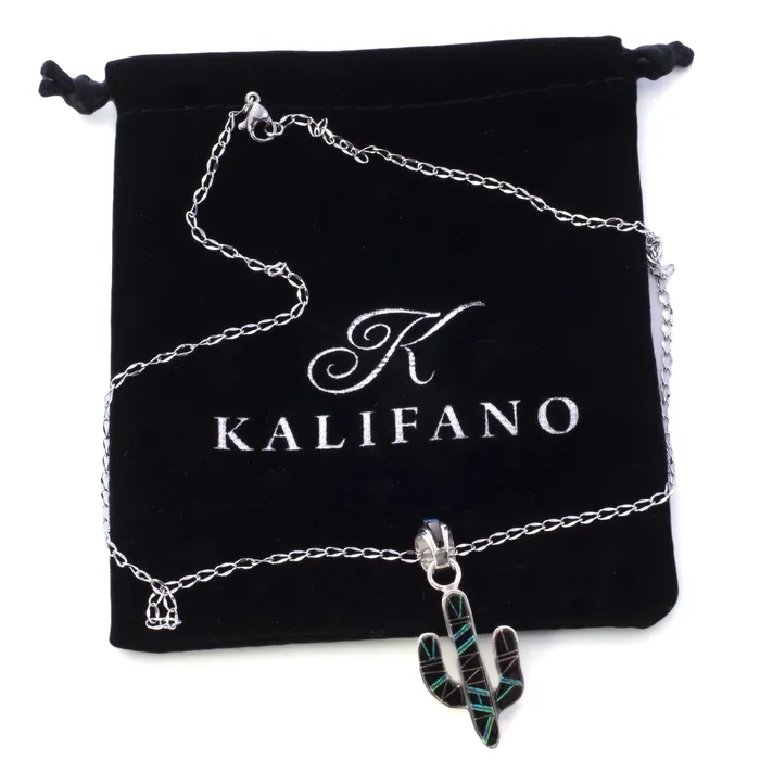Kalifano Necklaces Black Onyx Cactus 925 Sterling Silver Pendant USA Handmade with Opal Accent