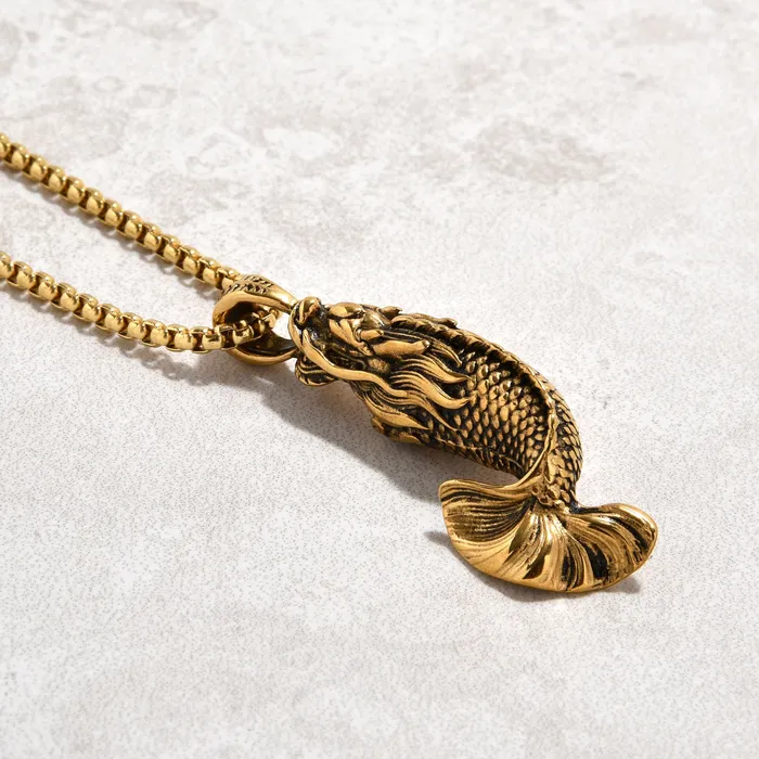 Kalifano Necklaces Gold Carp Fish Steel Hearts Necklace