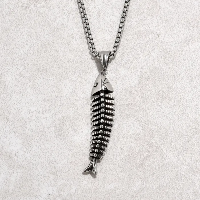 Kalifano Necklaces Silver Fish Bone Steel Hearts Necklace