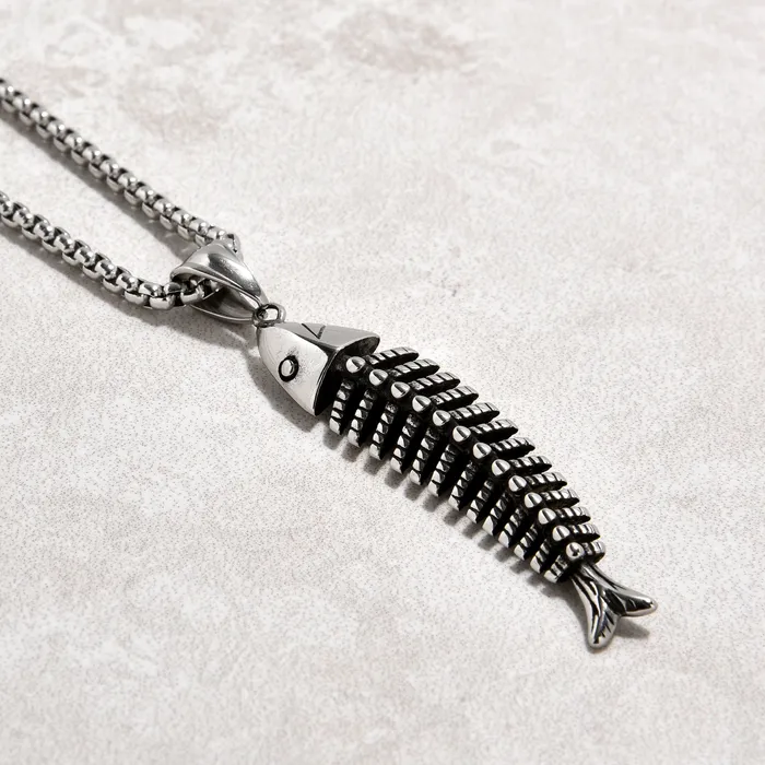 Kalifano Necklaces Silver Fish Bone Steel Hearts Necklace