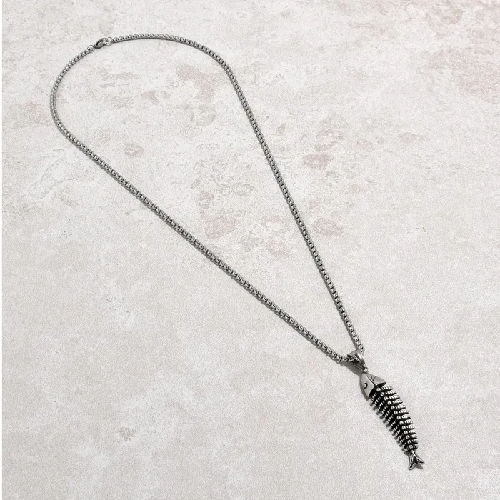 Kalifano Necklaces Silver Fish Bone Steel Hearts Necklace
