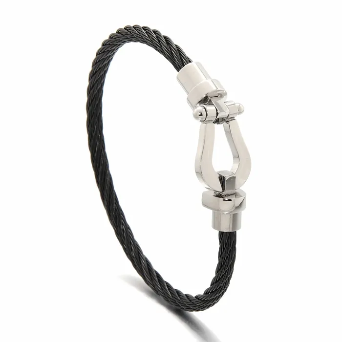 Kalifano Silver and Black Arabian Cable Braided Steel Hearts Bracelet Bracelets Kalifano Silver and Black Arabian Cable Braided Steel Hearts Bracelet Bracelets