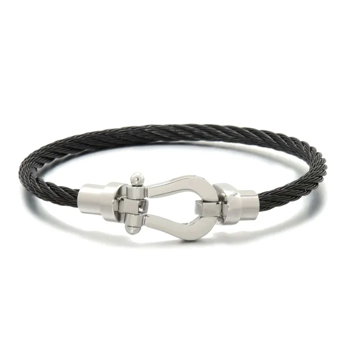 Kalifano Silver and Black Arabian Cable Braided Steel Hearts Bracelet Bracelets