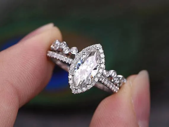 Marquise Cut Halo Wedding Ring Set Flawless Moissanite Rings