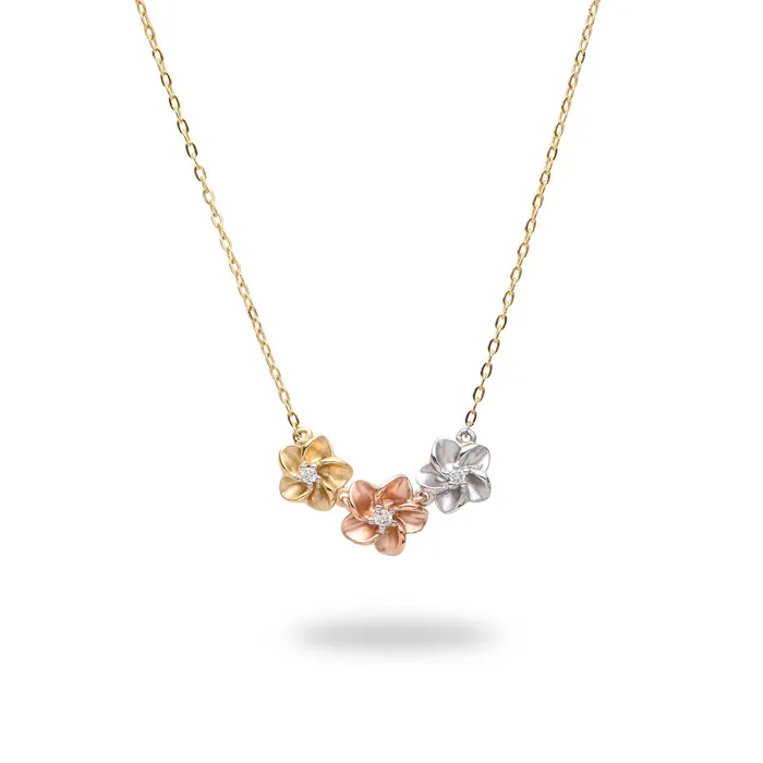 Maui Divers Jewelry 16 Plumeria Necklace in Tri Color Gold with Diamonds Necklaces Maui Divers Jewelry 16 Plumeria Necklace in Tri Color Gold with Diamonds Necklaces