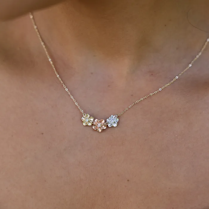 Maui Divers Jewelry 16 Plumeria Necklace in Tri Color Gold with Diamonds Necklaces