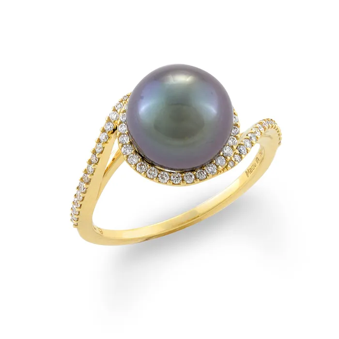 Maui Divers Jewelry Halo Bypass Tahitian Black Pearl Ring in Gold with Diamonds 910mm Rings
