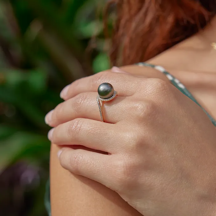 Maui Divers Jewelry Halo Bypass Tahitian Black Pearl Ring in Gold with Diamonds 910mm Rings Maui Divers Jewelry Halo Bypass Tahitian Black Pearl Ring in Gold with Diamonds 910mm Rings