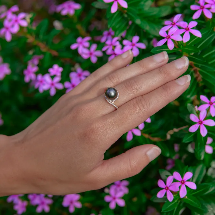 Maui Divers Jewelry Halo Bypass Tahitian Black Pearl Ring in Gold with Diamonds 910mm Rings Maui Divers Jewelry Halo Bypass Tahitian Black Pearl Ring in Gold with Diamonds 910mm Rings
