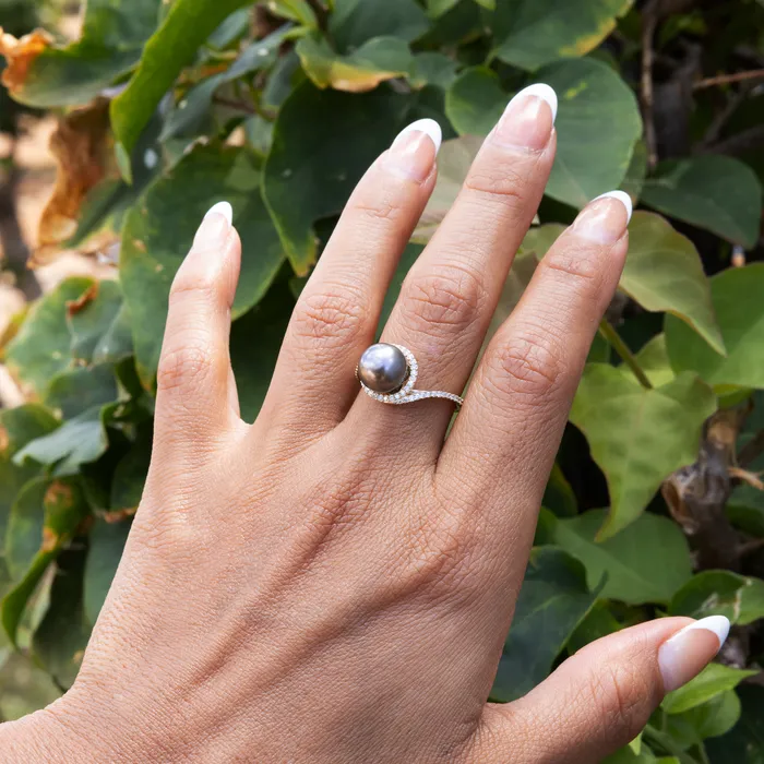 Maui Divers Jewelry Halo Bypass Tahitian Black Pearl Ring in Gold with Diamonds 910mm Rings Maui Divers Jewelry Halo Bypass Tahitian Black Pearl Ring in Gold with Diamonds 910mm Rings