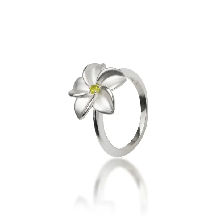Maui Divers Jewelry Plumeria Peridot Ring in Sterling Silver 15mm Rings