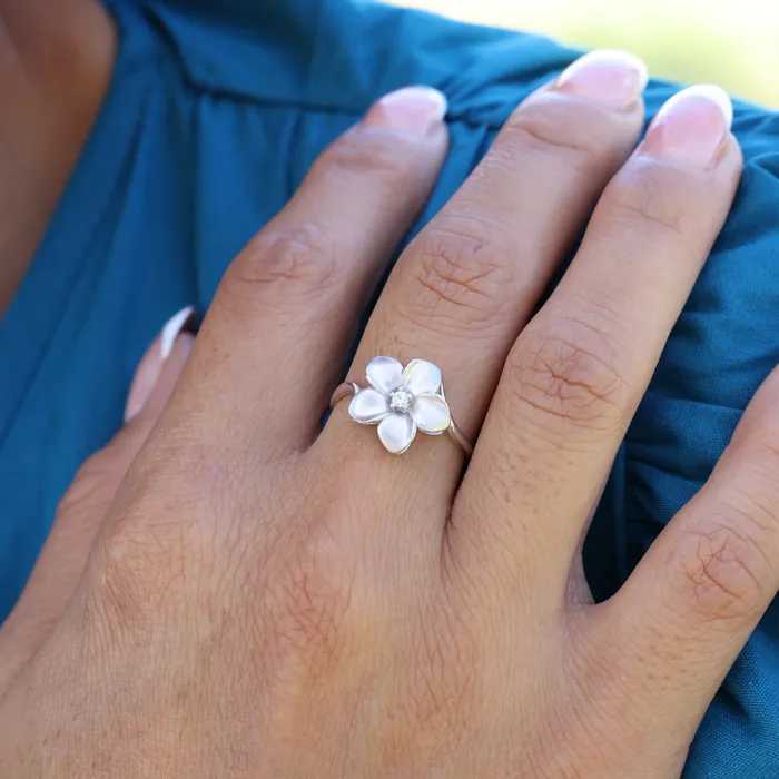 Maui Divers Jewelry Rings Plumeria Ring in White Gold with Diamond 13mm