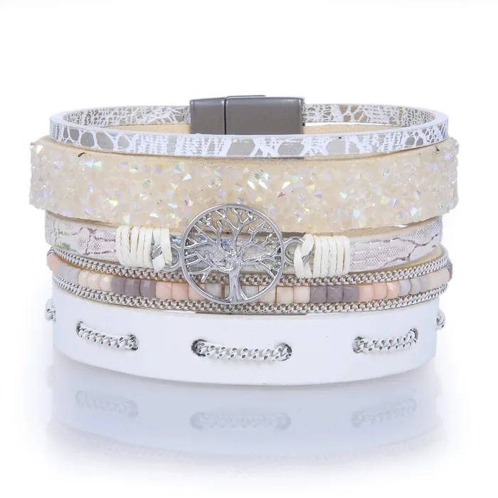 Multiple Layer Mosaic Crystal Leather Strand Bracelet White With Magnetic Clasp Alexander Kalifano Bracelets Multiple Layer Mosaic Crystal Leather Strand Bracelet White With Magnetic Clasp Alexander Kalifano Bracelets