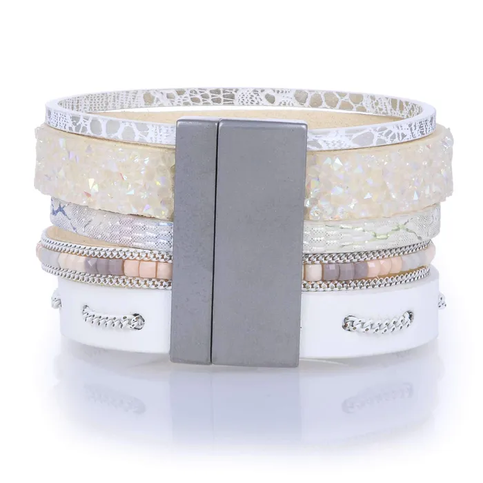 Multiple Layer Mosaic Crystal Leather Strand Bracelet White With Magnetic Clasp Alexander Kalifano Bracelets
