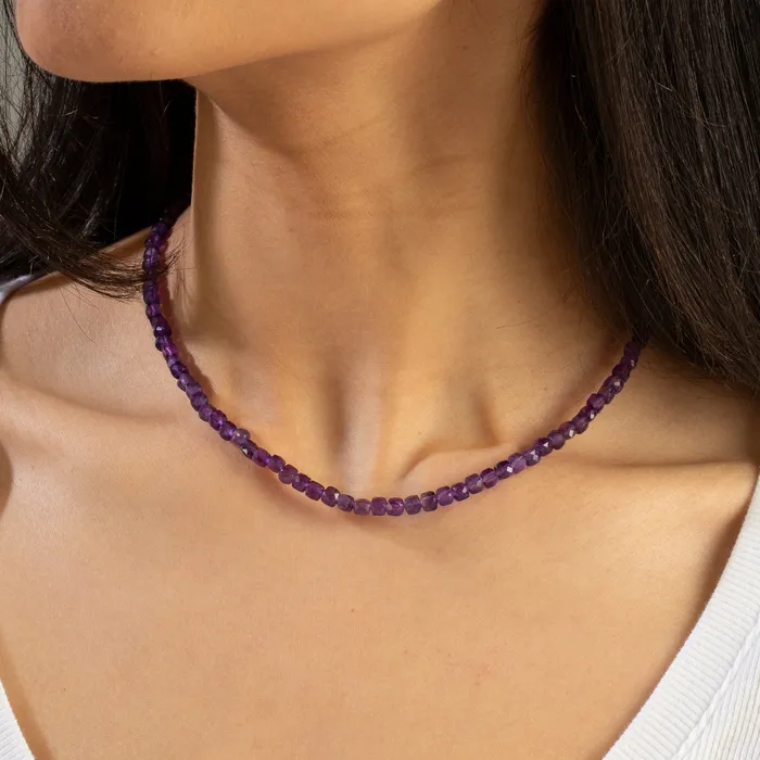 Natural Amethyst Faceted 4mm Barrel 16 Necklace with Sterling Silver Extender KALIFANO Necklaces Natural Amethyst Faceted 4mm Barrel 16 Necklace with Sterling Silver Extender KALIFANO Necklaces
