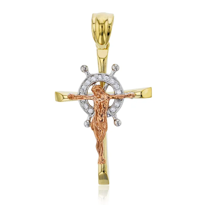 Necklaces DecadenceJewelry 14K Tricolor Gold 45x25MM Anchor Jesus Cross Pendant Necklaces DecadenceJewelry 14K Tricolor Gold 45x25MM Anchor Jesus Cross Pendant