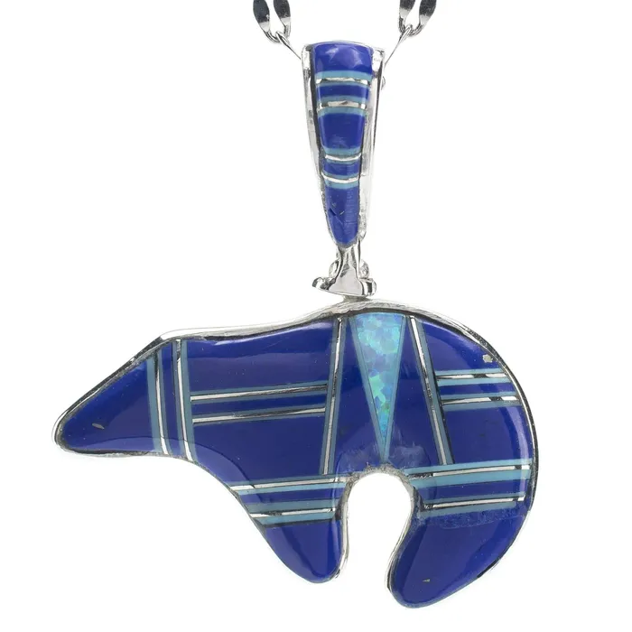 Necklaces Kalifano Lapis Bear 925 Sterling Silver Pendant USA Handmade with Aqua Opal Accent