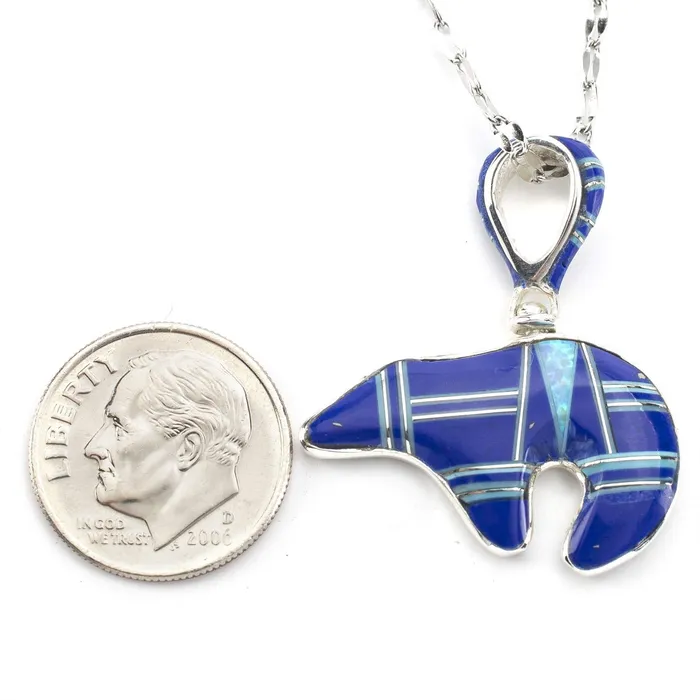 Necklaces Kalifano Lapis Bear 925 Sterling Silver Pendant USA Handmade with Aqua Opal Accent