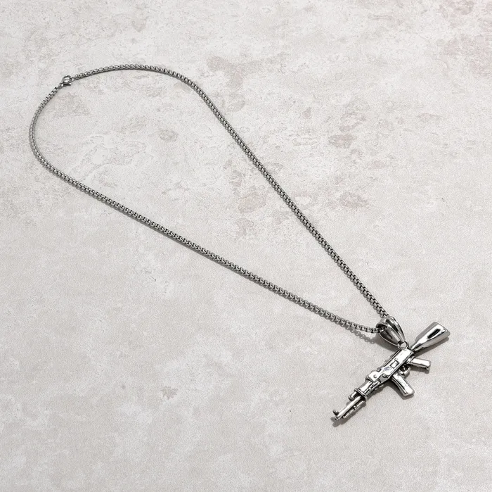 Necklaces Kalifano Silver AK47 Gun Steel Hearts Necklace