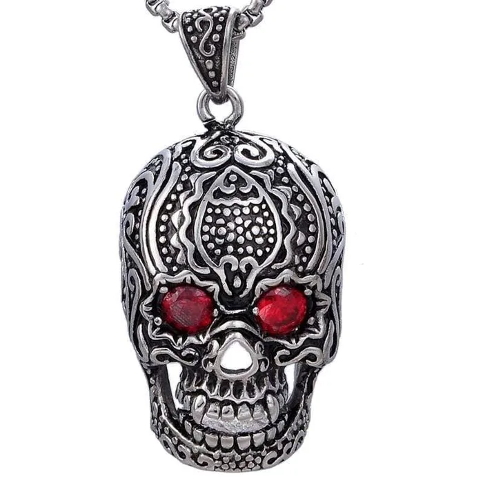 Necklaces Kalifano Steel Hearts Ornate Skull with Red Crystal Necklace
