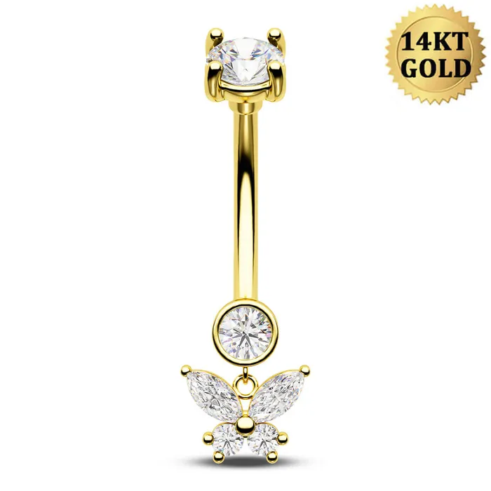 OUFER BODY JEWELRY Rings 14K Solid Gold 14G Butterfly Clear CZ Belly Button Ring OUFER BODY JEWELRY Rings 14K Solid Gold 14G Butterfly Clear CZ Belly Button Ring