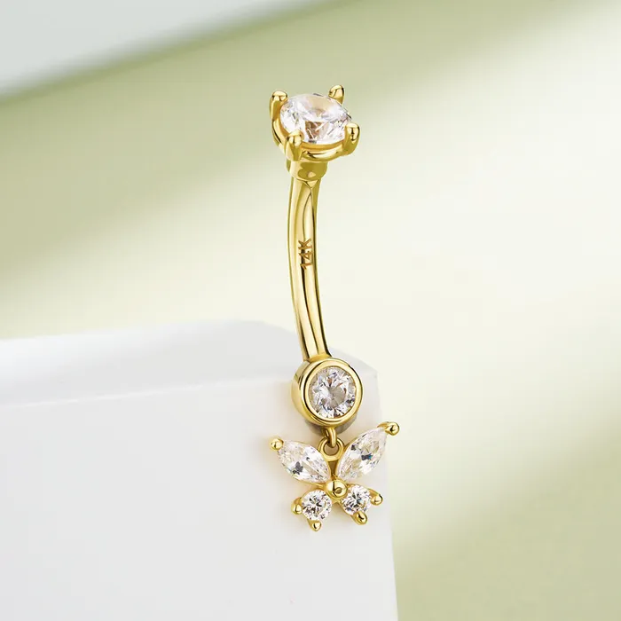 OUFER BODY JEWELRY Rings 14K Solid Gold 14G Butterfly Clear CZ Belly Button Ring OUFER BODY JEWELRY Rings 14K Solid Gold 14G Butterfly Clear CZ Belly Button Ring