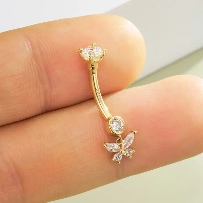 OUFER BODY JEWELRY Rings 14K Solid Gold 14G Butterfly Clear CZ Belly Button Ring OUFER BODY JEWELRY Rings 14K Solid Gold 14G Butterfly Clear CZ Belly Button Ring
