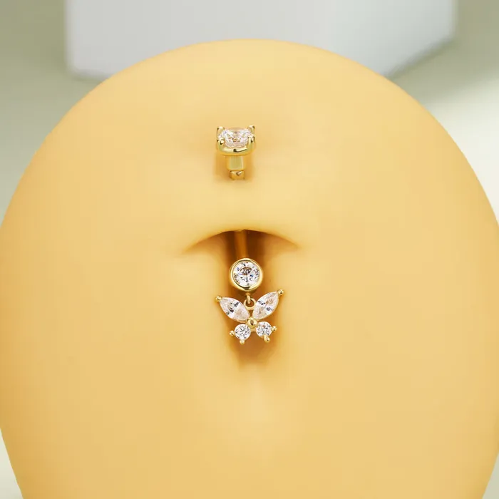 OUFER BODY JEWELRY Rings 14K Solid Gold 14G Butterfly Clear CZ Belly Button Ring OUFER BODY JEWELRY Rings 14K Solid Gold 14G Butterfly Clear CZ Belly Button Ring