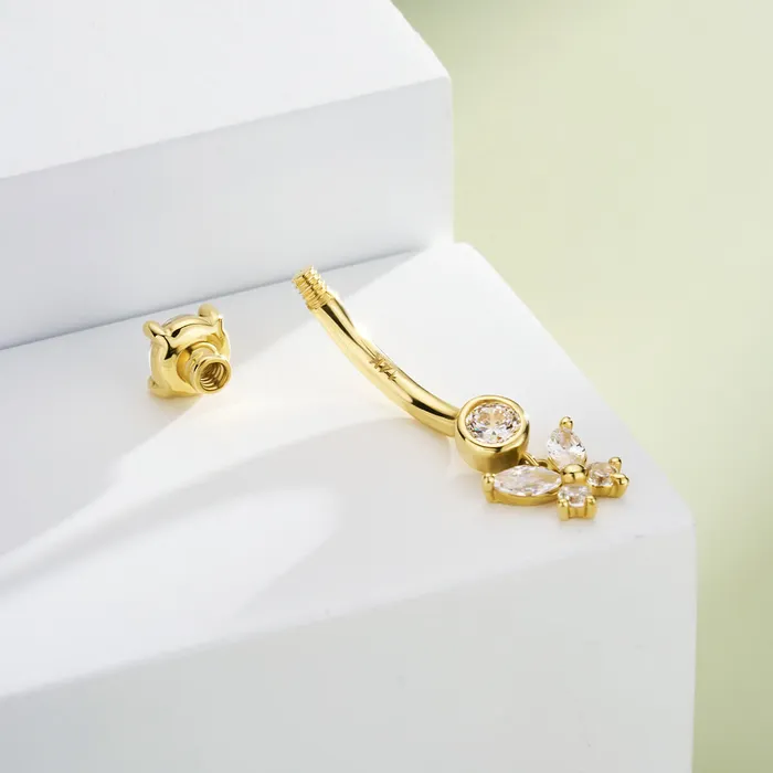 OUFER BODY JEWELRY Rings 14K Solid Gold 14G Butterfly Clear CZ Belly Button Ring OUFER BODY JEWELRY Rings 14K Solid Gold 14G Butterfly Clear CZ Belly Button Ring