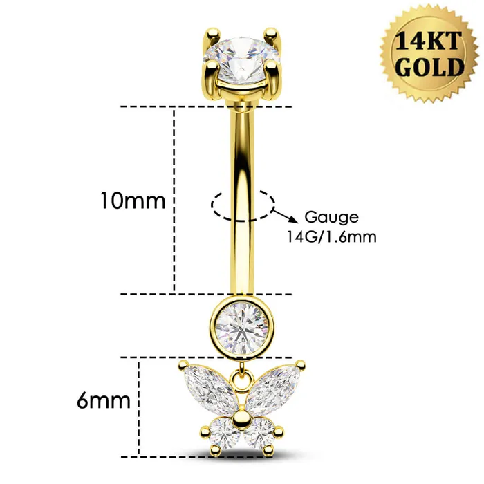 OUFER BODY JEWELRY Rings 14K Solid Gold 14G Butterfly Clear CZ Belly Button Ring OUFER BODY JEWELRY Rings 14K Solid Gold 14G Butterfly Clear CZ Belly Button Ring