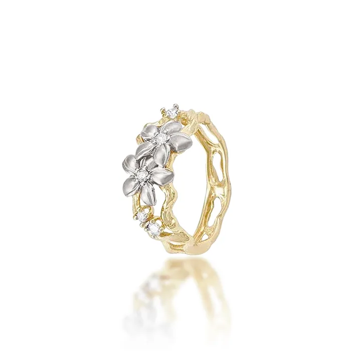 Plumeria Ring in Two Tone Gold with Diamonds 10mm Maui Divers Jewelry Rings Plumeria Ring in Two Tone Gold with Diamonds 10mm Maui Divers Jewelry Rings