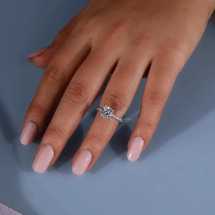 Princess Cut Lab Grown Diamond Pave Engagement Ring Diamondrensu Rings