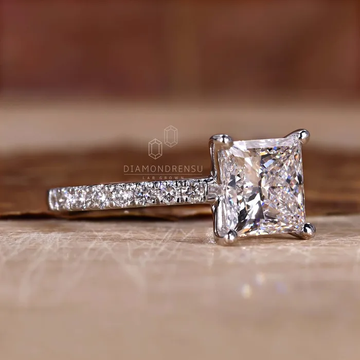 Princess Cut Lab Grown Diamond Pave Engagement Ring Diamondrensu Rings