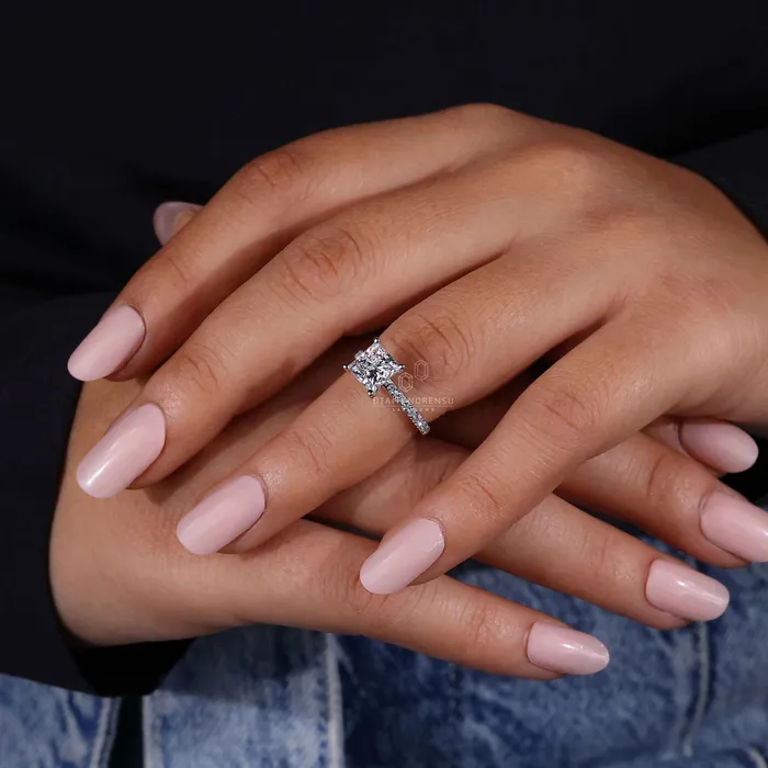 Princess Cut Lab Grown Diamond Pave Engagement Ring Diamondrensu Rings