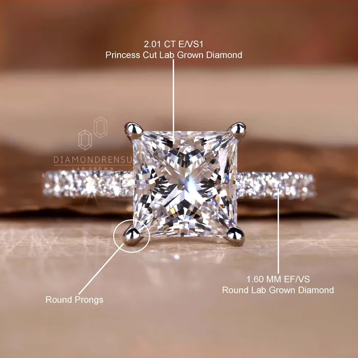 Princess Cut Lab Grown Diamond Pave Engagement Ring Diamondrensu Rings