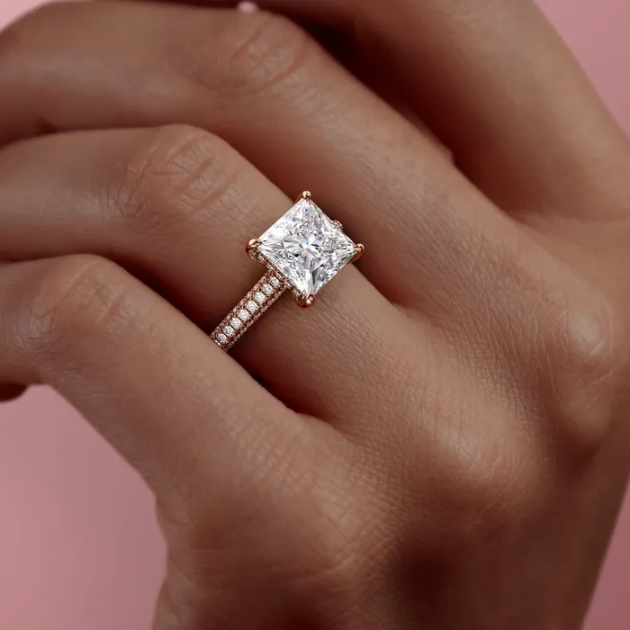 Princess Cut Moissanite Engagement Ring Pave Set Shoulders Flawless Moissanite Rings