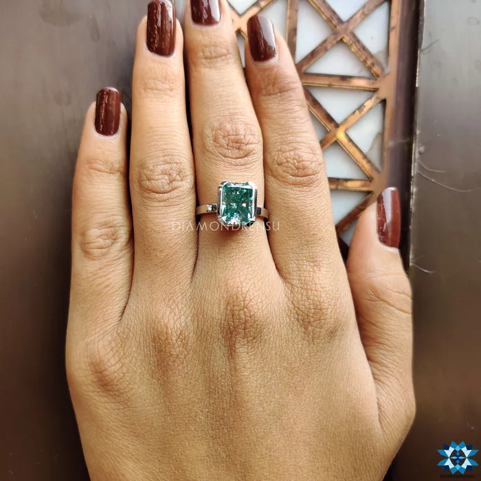 Radiant Engagement Ring Elegant Half Bezel Look Diamondrensu Rings