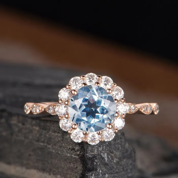 Rings Aquamarine Round Cut Halo Ring Vintage Inspired Flawless Moissanite
