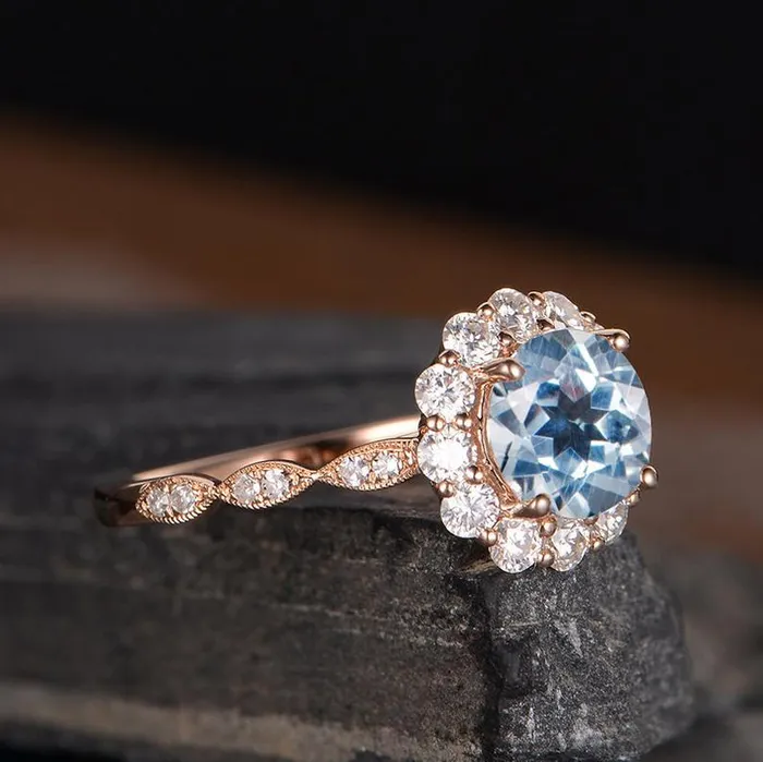 Rings Aquamarine Round Cut Halo Ring Vintage Inspired Flawless Moissanite Rings Aquamarine Round Cut Halo Ring Vintage Inspired Flawless Moissanite