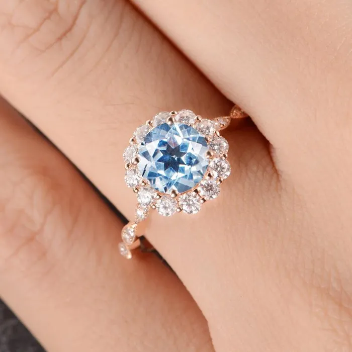 Rings Aquamarine Round Cut Halo Ring Vintage Inspired Flawless Moissanite Rings Aquamarine Round Cut Halo Ring Vintage Inspired Flawless Moissanite