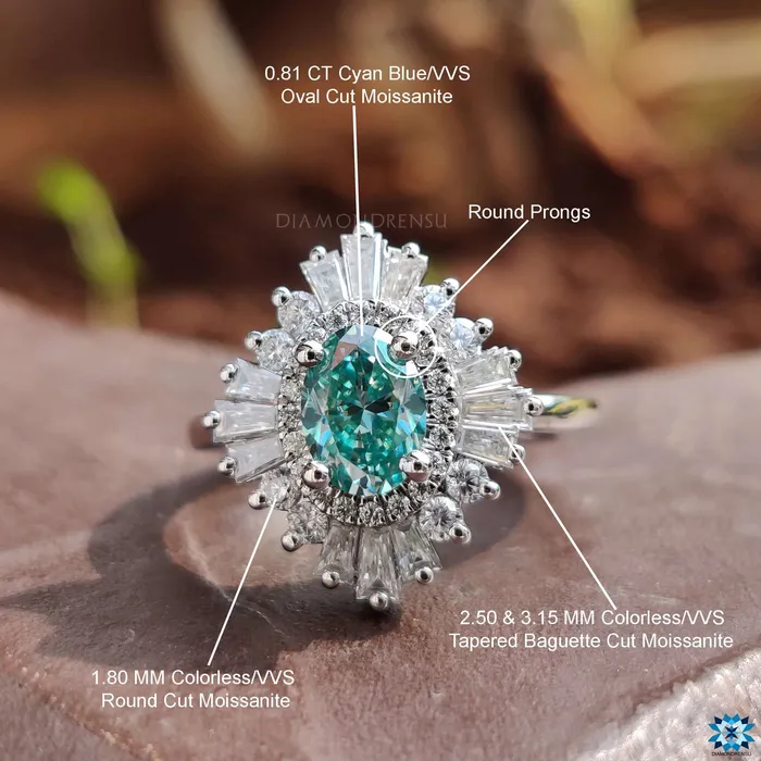 Rings Diamondrensu 081 CT Oval Cyan Blue Moissanite Ring Vintage Engagement Ring