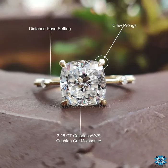Rings Diamondrensu 325 CT Cushion Cut Distance Pave Set Unique Vintage Style Moissanite Engagement Ring
