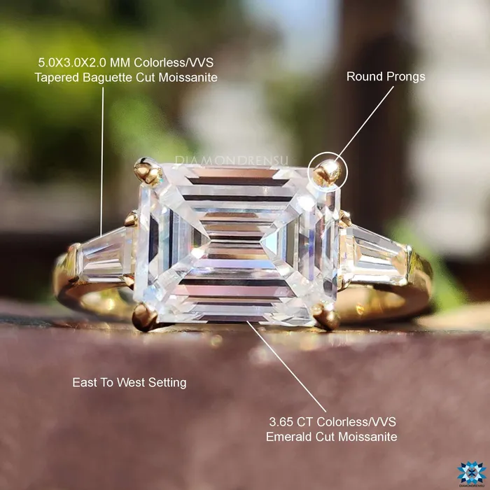 Rings Diamondrensu 405 TW Emerald and Baguette Cut Three Stone Moissanite Engagement Ring