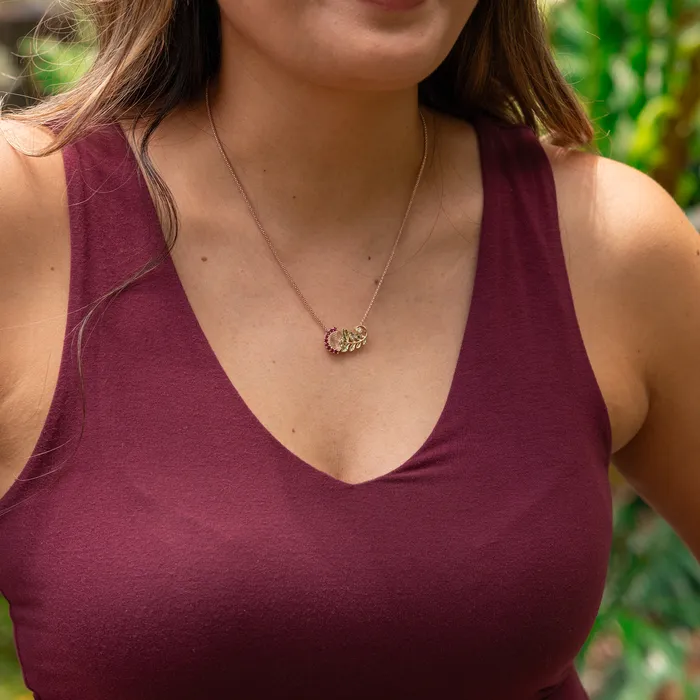 Rings Maui Divers Jewelry hia Lehua Ruby Pendant in Two Tone Gold with Diamonds 24mm